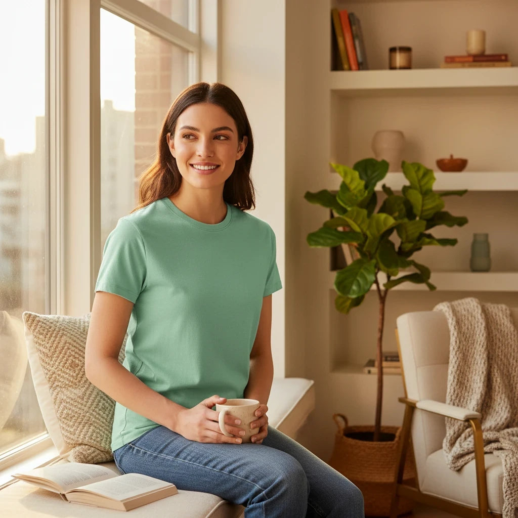 Mujer sonriente con camiseta de algodón color salvia de apparel-pulse-store-9lnab sentada junto a una ventana