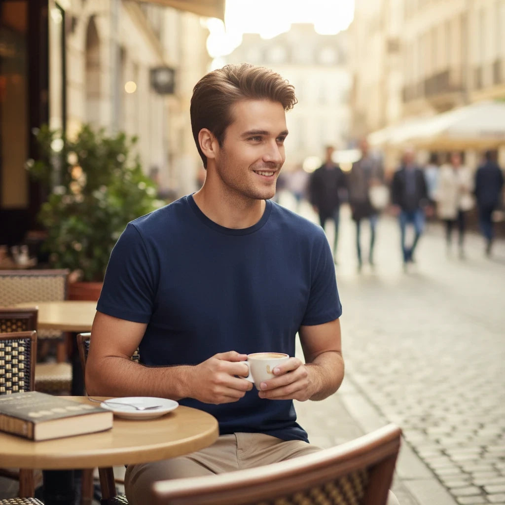 Hombre con camiseta apparel-pulse-store-9lnab azul marino de algodón en una terraza de cafetería urbana