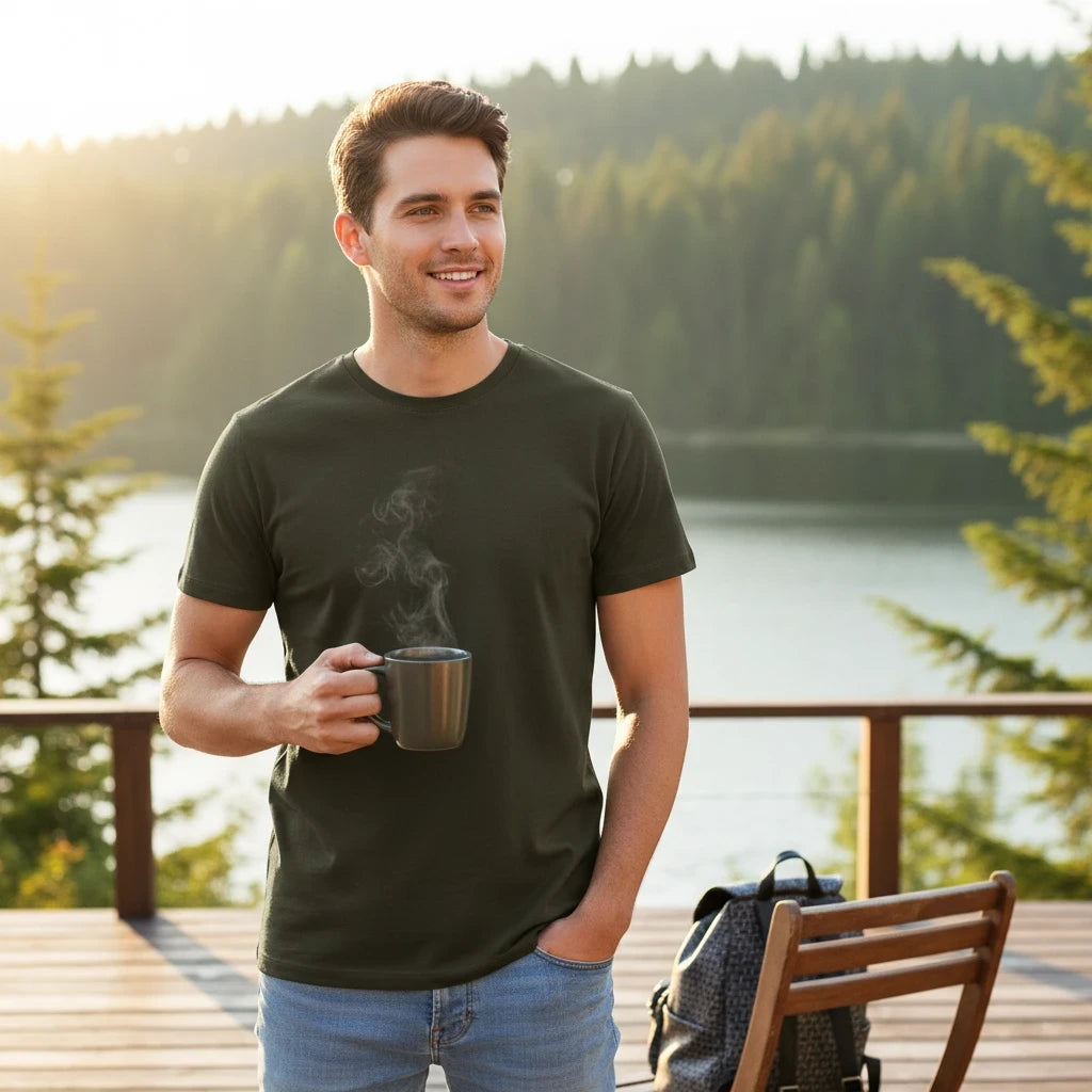 Hombre con camiseta apparel-pulse-store-9lnab color verde caqui de algodón en una terraza frente a un lago