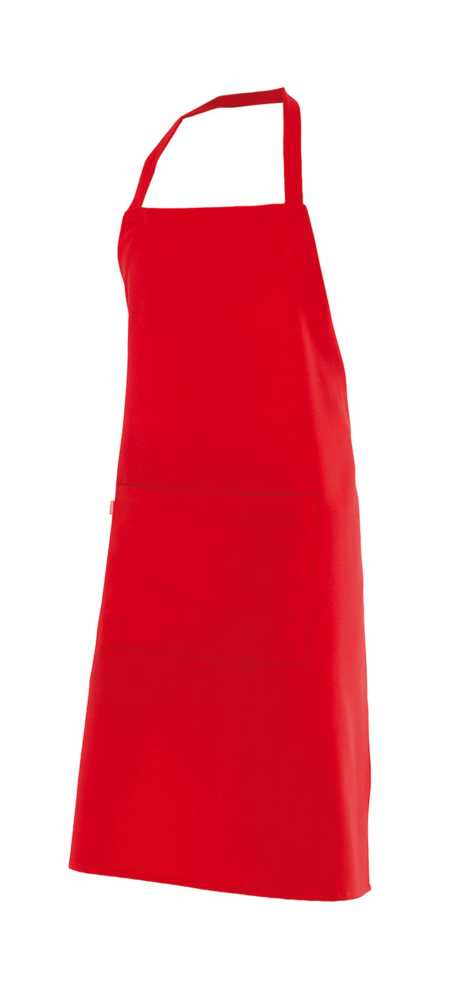 Delantal peto rojo apparel-pulse-store-9lnab con bolsillo frontal, ideal para hostelería y cocina profesional.